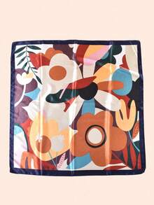1pc Fashion Floral Print Women's Square Scarf, Casual Sun Protection Headscarf, Large Size Scarf/Shawl - Navy - View 4