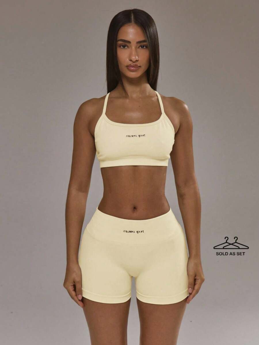 Sports Set: Sports Bra With A Racerback And Leggings With A Ruched Back. Autumn And Winter Activewear Set For Padel, Gym, Training. - Yellow - View 1