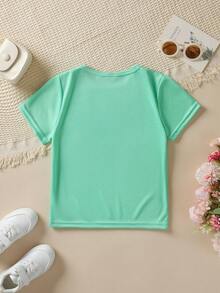 Girls' Short-Sleeved T-Shirt From The 'American Independence Day' Collection With Cartoon Prints Such As 'HAPPY 4TH OF JULY', Hamburger, United States, American Flag - 綠色 - 查看 2