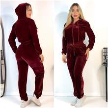 Women's Crystal Velvet Set With Hood And Zipper, Pants With Pocket, Cold Weather, Autumn/Winter - 酒紅色 - 查看 5