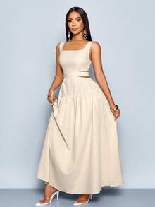 mujer con cuello cuadrado, corte en la cintura, espalda con lazo y pliegues, estilo línea A, para Hawái, vestidos de verano para mujer, vestido para té, vestido largo blanco para graduación - Caqui - Ver 1