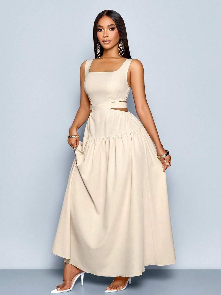 mujer con cuello cuadrado, corte en la cintura, espalda con lazo y pliegues, estilo línea A, para Hawái, vestidos de verano para mujer, vestido para té, vestido largo blanco para graduación - Caqui - Ver 1