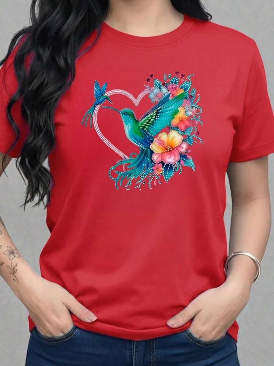 Butterfly Hummingbird Flower Floral Style Glitter Sparkles Bright Everyday Wear Day Night Valentine's Day Soft Material Loose Fit Round Neck Short Sleeve - 紅色 - 查看 1