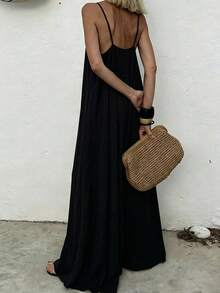 Spring/Summer Black V-Neck Backless Dress, Bohemian Style, Suitable For Beach, Wedding, Daily Wear - Black - View 2