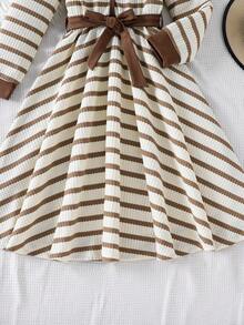 Left Mama Elegant & Graceful Long Sleeve Striped Dress With Collar For Girls, Spring/Autumn - Khaki - View 7