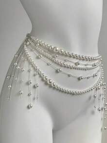 1pc French Style Elegant Luxury Multi-Layer Tassel Waist Chain Body Chain, Niche High-End Design Heavy Work Body Accessory For Dress And Pants Decoration - White Pearl - View 7