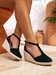 Sandalias negras de mujer con suela gruesa, correa en T con hebilla, punta cerrada, tacón de cuña, plataforma tejida y tacón alto, estilo vacacional para verano - Negro - Ver 7