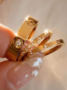 3pcs Fashion Stainless Steel 18K Gold Polished Four-Leaf Clover Rings, Minimalist Zirconia Inlaid Index Finger Rings, Niche Versatile Luxury Ring Set - Gold - View 1