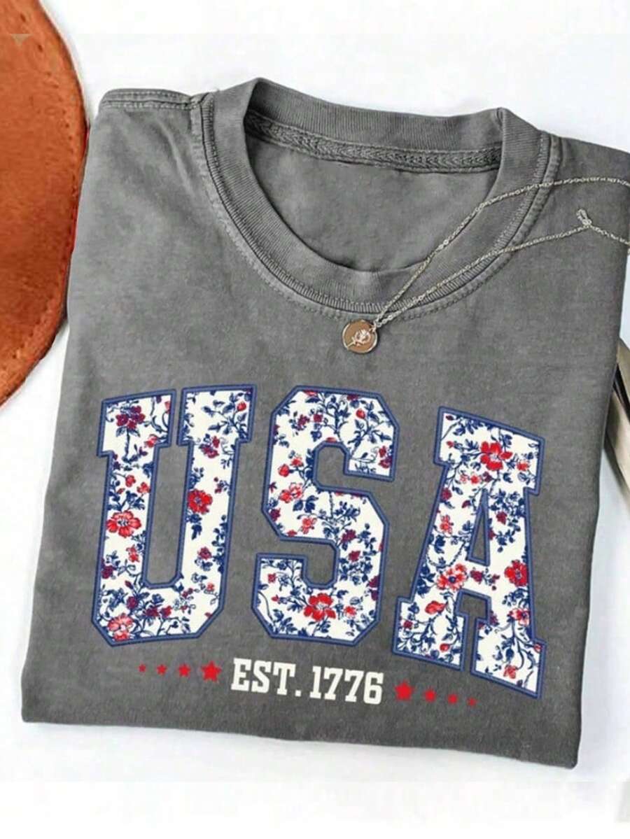 Women's Short Sleeve Round Neck USA Graphic Tee Casual Cute Summer T-Shirt Polyester Fabric With Slight Stretch Regular Fit Streetwear Style - 深灰2 - 查看 1