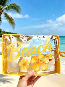 彩色透明化妝包－文具收納袋－印有 BEACH 字樣與花朵，防水透明旅行盥洗包附拉鍊，便攜式化妝收納袋，適合女性，可收納化妝品、盥洗用品與旅行必需品，適用於日常使用、度假、出差、健身、海灘，適合學生、旅行者與美容愛好者，適合夏季假期、生日與伴娘禮物，返校季禮物 - 彩色 - 查看 4
