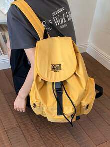 Summer Large Capacity Fashion Plaid Multi-Pocket Nylon Casual Backpack, Waterproof Lightweight Foldable Drawstring Patch Letter Travel Bag - Yellow - View 5