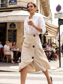 Fashionable Women's Mid-Length Asymmetric Skirt, Unique Button Front Design, Perfect For Casual Commuting Wear. Suitable For All Seasons - Apricot - View 2