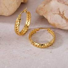 1pair French Vintage Stainless Steel Twist Hoop Earrings Textured Braided Wheat Ears Huggie Hoops Tarnish Free Waterproof Gold Jewelry Gift For Her - Gold - View 10