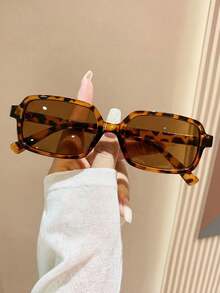 1 Pair Leopard Print Tea Color Small Frame Rectangular Fashion Glasses, Bohemian Style, Vintage Personalized Versatile Design, Suitable For Outdoor Travel, Music Festivals, Back To School And Other Occasions - Multicolor - View 2