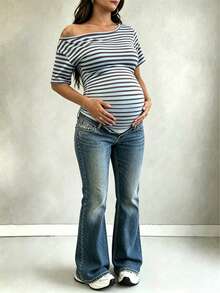 Parara Maternity Bodysuit, Asymmetric Neckline, Short Sleeve, High Stretch Fabric, Open Back Design Summer - Blue - View 10