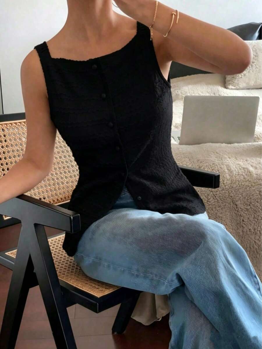 Women's Sleeveless Square Neck Knit Fabric Front Button Camisole, Regular Length Slim Fit Fashion Top Black Summer - Black - View 1