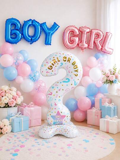 1/2/3pcs 3-Piece Gender Reveal Party Balloon Set, Includes Blue BOY And Pink GIRL Foil Decoration Balloons And Question Mark Shaped Balloon, Suitable For Baby Shower, Gender Reveal Celebration, Birthday Party, Gathering, Anniversary, Holiday Celebration And Outdoor Party, Photo Decoration