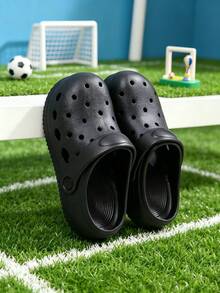 Kids' Summer New Flat Non-Slip Soft Versatile Breathable Hollow Sandals, Unisex Solid Color Beach Slippers For Holiday - 黑色 - 查看 2