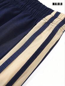 Celana Olahraga Kasual Pria Warna Biru Tua, Celana Panjang Lurus dengan Tiga Garis Beige dan Tali Serut di Samping, Celana Panjang Olahraga Serbaguna untuk Sehari-hari di Musim Gugur - Navy Blue - View 8