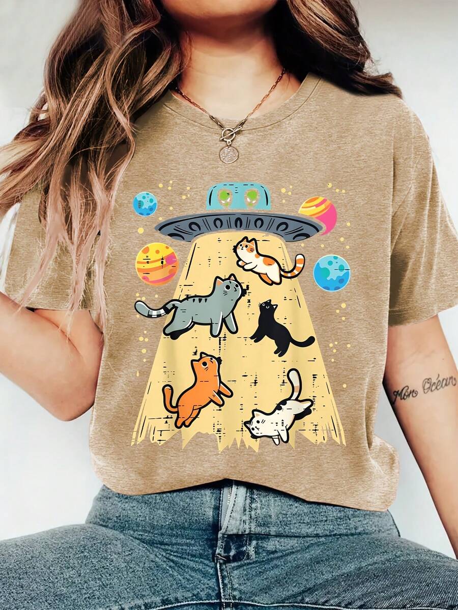 Adorable Cat Print, Comfortable, Soft, Elegant, Vintage, Casual, Versatile For Parties, Available In Sizes S-XXL, Suitable For Spring, Summer, Autumn And Winter, Sporty Style KWCN - 卡其色 - 查看 1