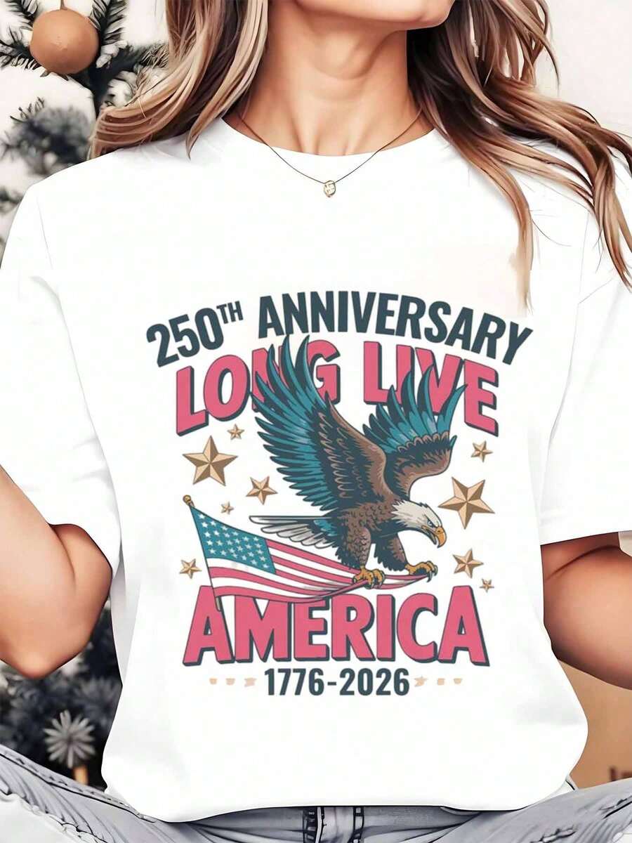 Women's Crew Neck T-Shirt With American Flag And Motif Print, 250th Anniversary, Viva America 1776-2026, Independence Day Celebration, Patriotic Holiday - 白色 - 查看 1
