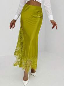 Falda elegante de mujer con parches de encaje de unicolor - Mostaza Amarilla - Ver 5