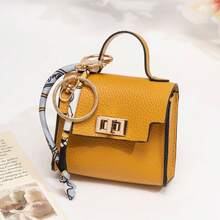 Mini Handbag Shape Leather Keychain Pouch With Silk Scarf, Twist Lock Zipper Earphone Coin Storage Cute Bag Charm For Girls - Multicolor - View 13