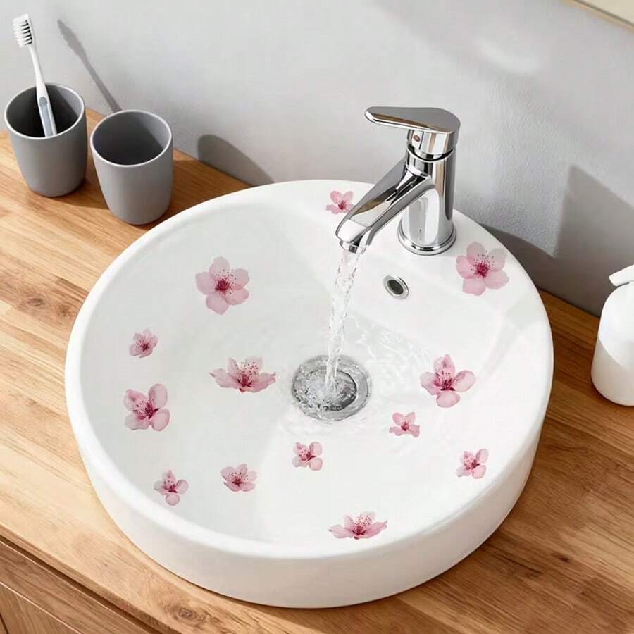 One Sheet Of Fresh Cherry Blossom Petal Tile Sticker, Self-Adhesive Sink Decoration Sticker, Bathroom And Kitchen Fresh Floral Beautifying Decal, Pink Flower Sticker, Waterproof PVC Self-Adhesive Paper, Can Be Used For DIY, Suitable For Smooth Surfaces. - D - View 1