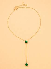 outingfit 1pc New Vintage Geometric Shape Emerald Green Square Rhinestone Necklace With Water Drop Pendant Accessory For Women - Gold - View 8
