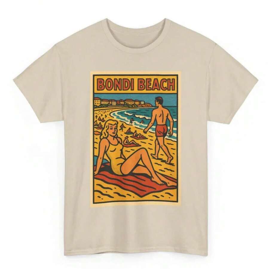 Bondi Beach T-Shirt: Retro Comic Aussie Surf Graphic - Unisex Women & Men's Daily Wear - Cute White Summer T-Shirt, Casual Wear, Comfortable T-Shirts - 杏色 - 查看 1