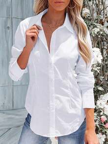 Plus Size Women's Long Sleeve Button Shirt, Ruched Waist Slim Fit Top For Casual Business Office, Daily Wear, Spring Summer Fall Winter White - White - View 3