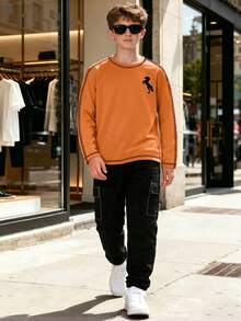 Boys' Spring/Autumn Lightweight 2-Piece Set, Pony Print Crew Neck Long Sleeve Top + Solid Color Straight Leg Pants, Suitable For 8-12 Years Old Boys, Daily Wear, Outdoor Activities - Orange - View 2