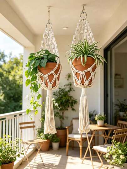 1 chiếc giá treo chậu cây đan thủ công phong cách Bohemian có tua rua, treo trần, giỏ treo trang trí nhà cửa, phù hợp cho văn phòng và nhà ở, lý tưởng cho ban công trong nhà, cửa sổ và sân vườn (không kèm chậu)
