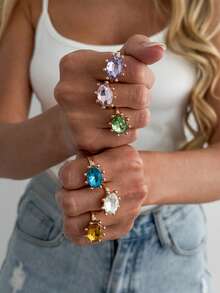 1pc Silver-Tone Oval-Shaped Colorful Crystal Open Ring, Multi-Color Rhinestone Adjustable Stackable Finger Ring, Minimalist Style Women's Daily And Party Wear Jewelry, Also Suitable As A Gift - Gold Open Ring - View 3