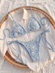 Bikinx Women's Summer Fashion Asymmetrical Striped Triangle Tie Bikini Set For Vacation Beach - Dusty Blue - View 1