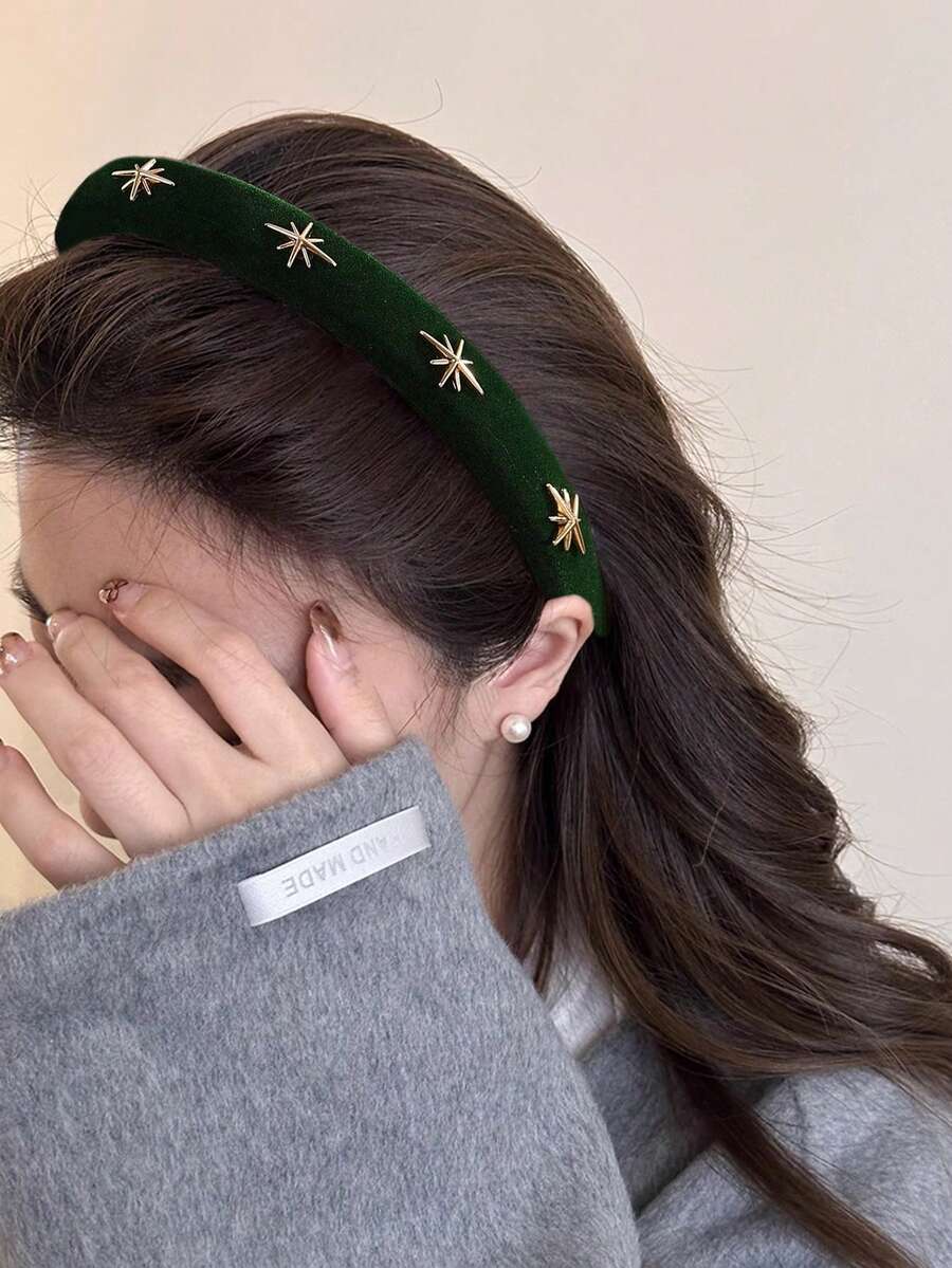 1件 2cm寬 女款純色秋冬天鵝絨五角星寬版海綿加厚防滑髮箍,百搭髮飾,適合日常/約會/通勤 - 綠色 - 查看 1