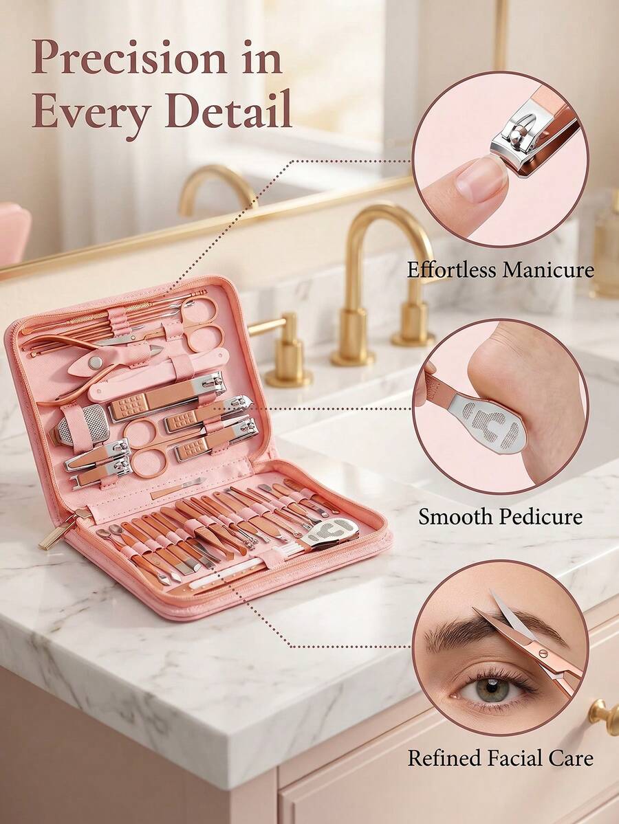 6/32/38pcs Stainless Steel Nail Clipper Set With Portable Case, Manicure Tools, Pink Nail Trimmer, Ear Wax Removal Tool Set, Spiral Rotating Ear Pick, Cleaning Ear Pick - Pink - View 1