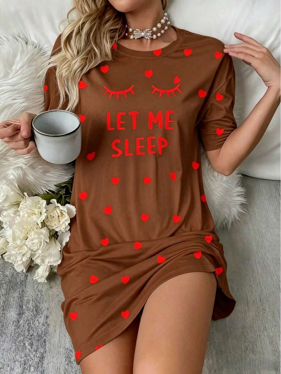 女款「Sleep」標語睫毛圖案睡衣-舒適短袖圓領T恤洋裝,附愛心裝飾,四季針織居家睡衣 - 棕色 - 查看 1