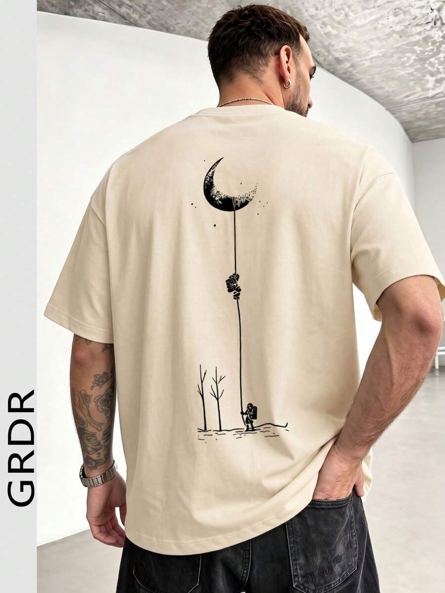 GRDR 男士时尚印花宽松短袖T恤 | 精致设计 | 夏季必备 | 易于搭配,展现您的风格 - 杏色 - 查看 1