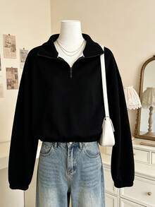 Women's Half-Zip Fleece Sweatshirt Solid Color Long Sleeve Pullover - Black - View 6