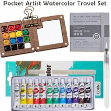 5pcs Mini Acrylic Paint Set, Portable Travel Watercolor Set, 8/15 Grid Palette, Clips, Sketchbook, Brushes, Includes 12 Colors, Wooden Grid Paint Box, Suitable For Painters, Artists - Sets - View 15