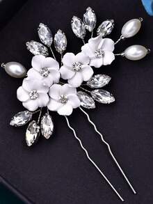 1pc Elegant Bridal Hair Pin Soft Clay Flower Women Hair Accessory Suitable For Wedding Party - Silver - View 3