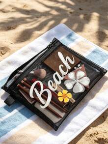 This Beach Mesh Bag Printed With "Beach" Is A Portable Makeup Bag That Can Store Lipsticks And Cushion Powder Puffs, Full Of Coastal Charm And Summer Vibes. Transparent Large Capacity Travel Cosmetic Storage Bag, Hawaiian Style Mesh Makeup Bag, Ideal For Beach Vacation, Shopping, Leisure Travel, Fitness, Mother's Day Gift, Valentine's Day Gift, Teacher's Day Gift, Women's Travel, Short Trip And Daily Travel. - Multicolor - View 9