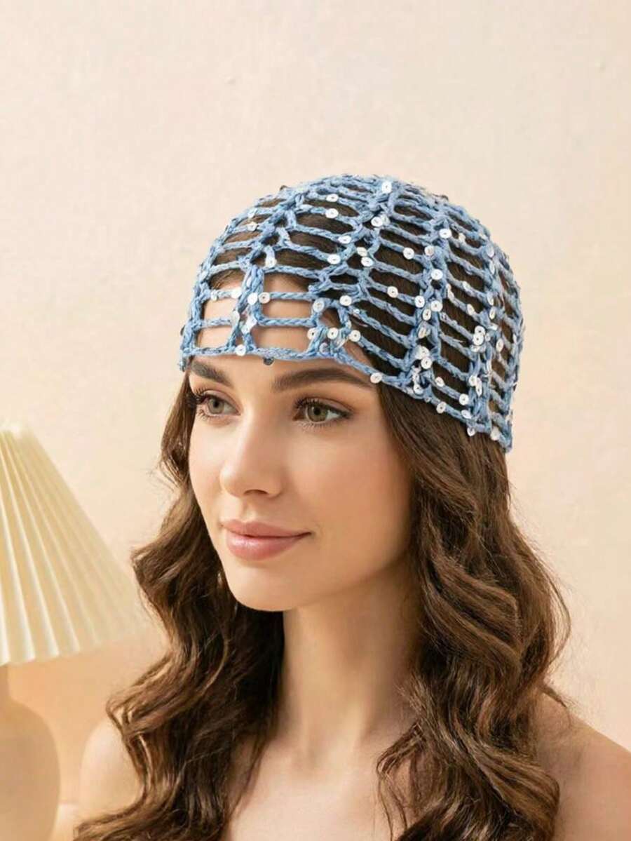 Gorro Tejido Calado Rojo con Malla y Lentejuelas Brillantes, Accesorio Fiesta Bohemio para Mujer Primavera-Verano, Complemento para Sesiones de Fotos - lago azul - Ver 1