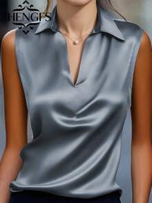 1pc Women's Solid Color Satin Sleeveless Blouse, Elegant Office/Casual Wear, Fashionable For Commute, Home, Daily, Occasions, Spring/Autumn/Summer - Grey - View 1