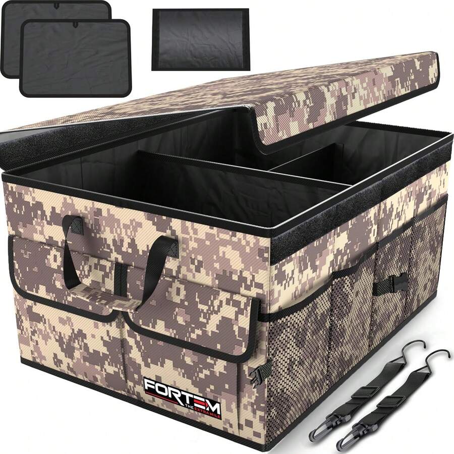 FORTEM Car And SUV Trunk Organizer - Car Storage Organizer - Large Foldable Box With 2 Compartments - Non-Slip Base - Adjustable Straps - Removable Lid (Black) - Desert Camouflage - View 1