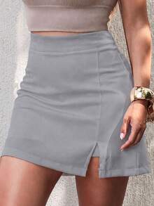 EMILI LULU RUNS4 Women's Tailored Short Skirt With Slit - Grey - View 5