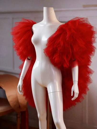 1pc Women 3D Ruffle Tulle Shoulder Shawl Fluffy Bridal Cape Coquette Statement Shrug For Wedding Evening Party Prom Photoshoot