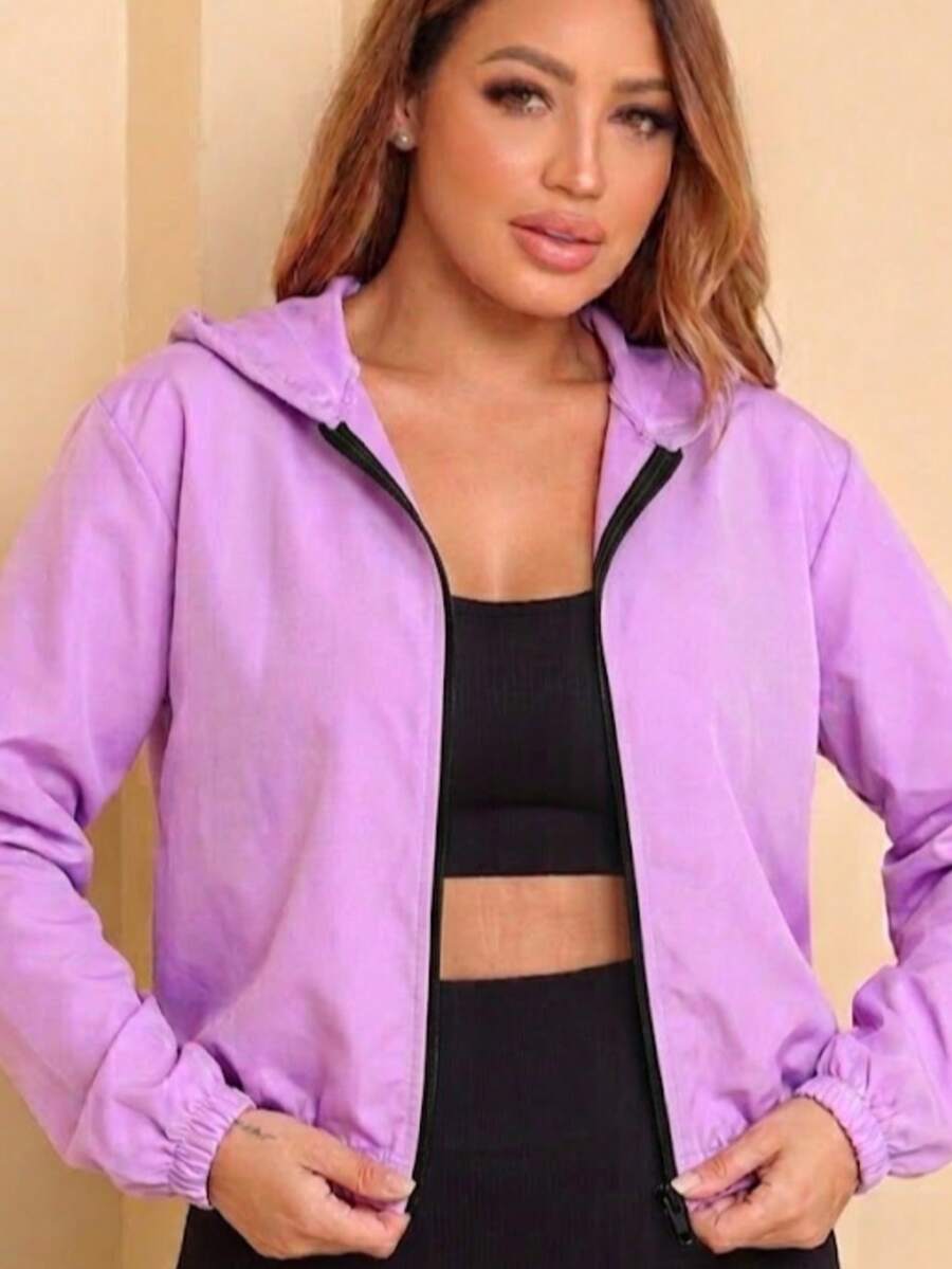 Women's Basic Plain Windbreaker Jacket Without Pockets - Lilac Purple - View 1