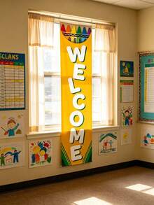 1pc "Back To School Welcome" Banner, Suitable As Welcome Sign, Background Decoration, Party Supplies And Photo Props For Kindergarten And Elementary School First Day Of School. This Colorful Vertical Classroom Welcome Banner Helps Create A Warm, Welcoming And Inclusive Classroom Atmosphere. - Multicolor - View 3
